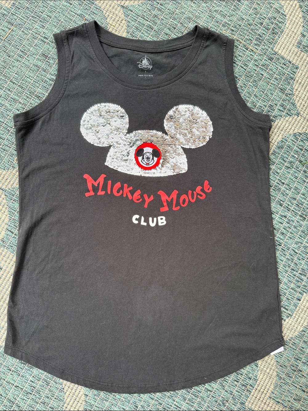 Disney Black Tank Top with Silver Sequin Mickey Ears and Red Logo S-M